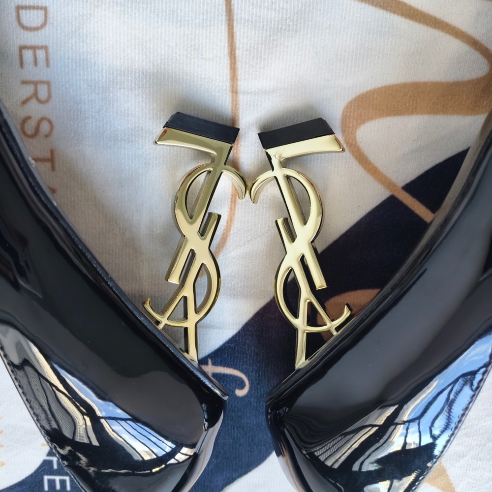 Saint Laurent Black Patent Pointed-Toe Heels with Gold YSL Logo Heel - Picture 10 of 12